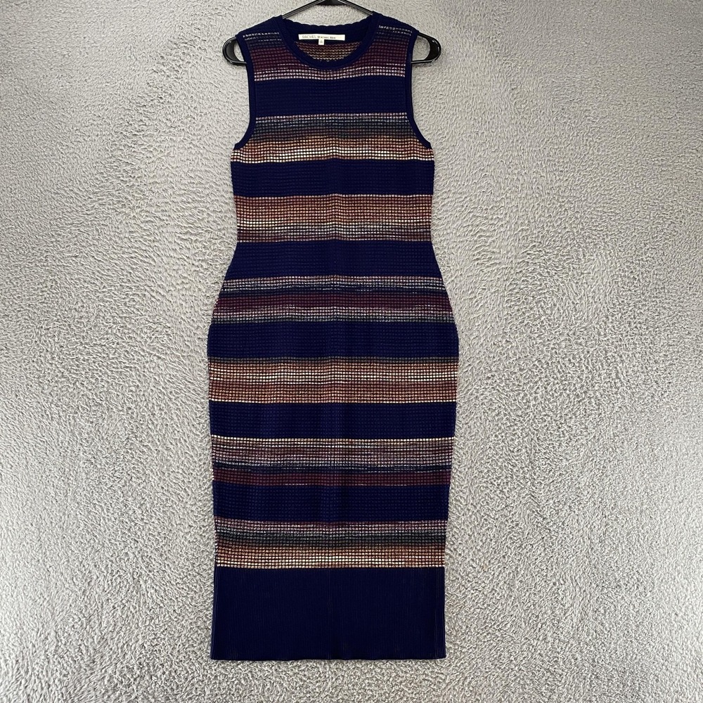 Rachel Roy Midi Dress Womens Large Striped Knit Sheath Scream Queens Navy Blule